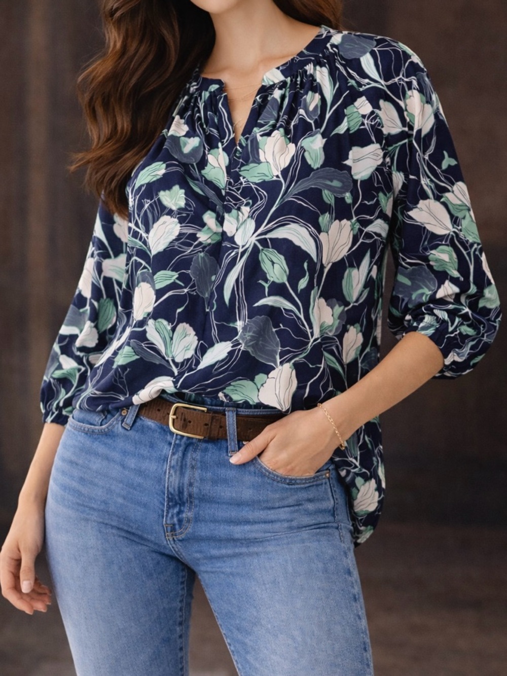 Banana Republic Navy Floral Split V-Neck Blouse